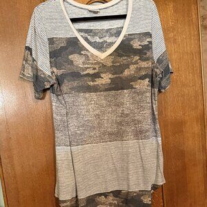 LuLaRoe Christy T, Large, Camouflage, stripes and Heathered brown & beige color